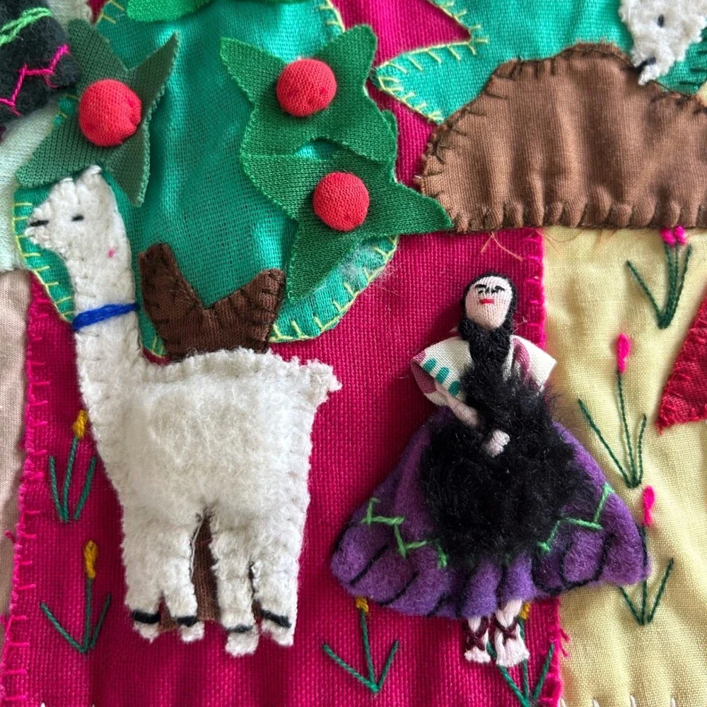 Vintage Handmade Peruvian Arpillera Folk Art Wall Hanging 3D Llama Village Fruit